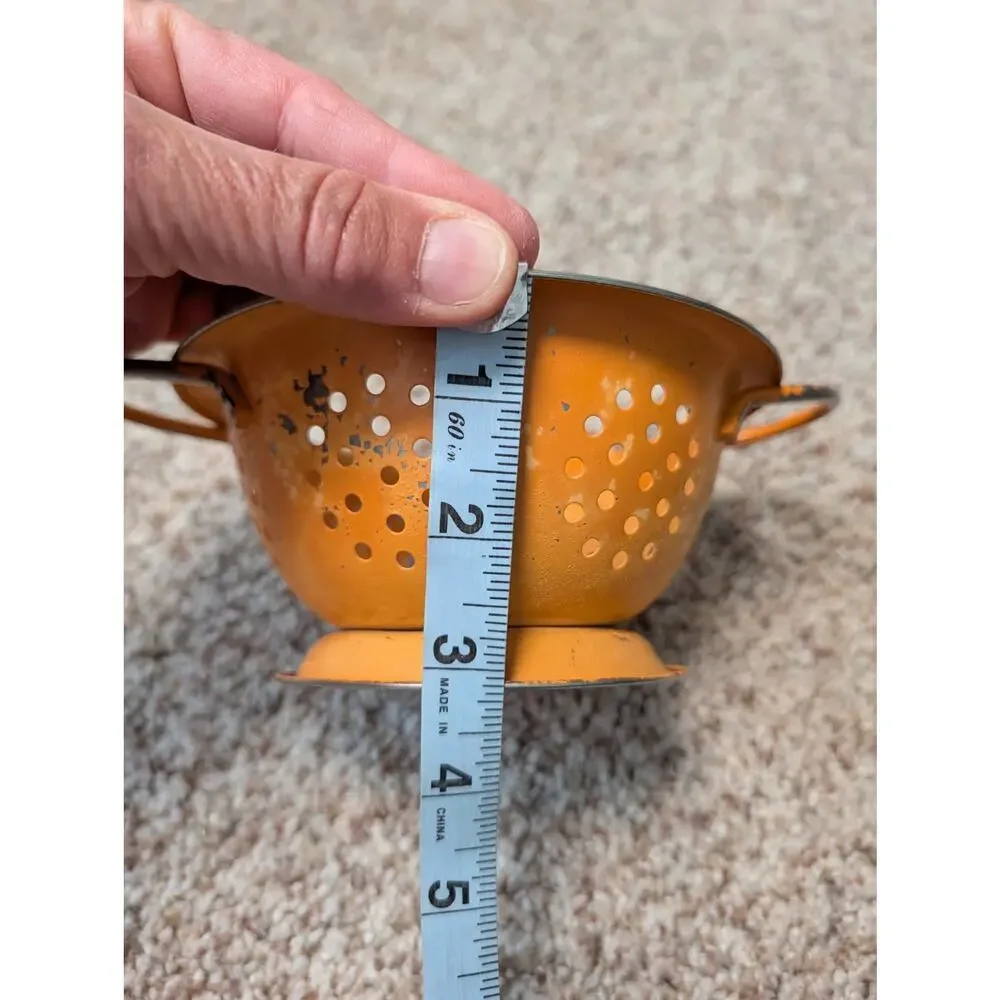 Vintage orange enamelware colander strainer, MCM asthetic, Mini/small size